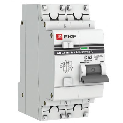 Дифференциальный автомат АД-32 1P+N 63А/100мА (тип А) EKF PROxima DA32-63-100-a-pro