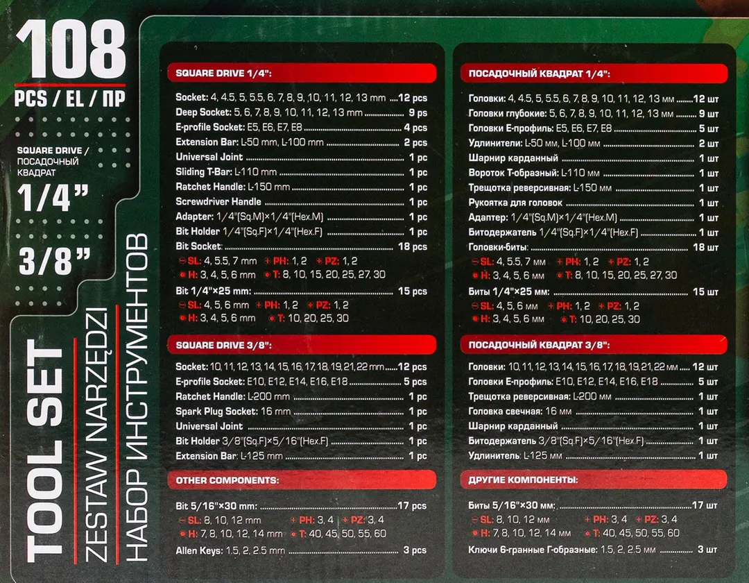 Набор инструментов 108 пр 1/4''&3/8'' 6-гр RockFORCE RF LIGHT-41082-5DS