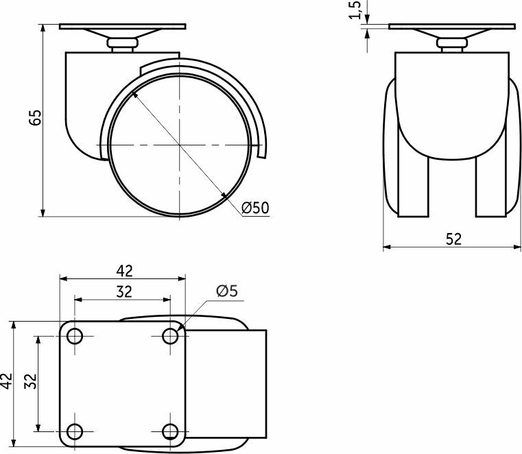 Колесо меб. пласт. FURNI d50 с площадкой, черный AKS 114093