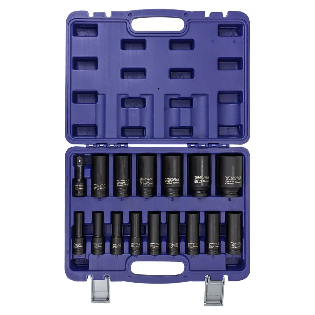 Набор глубоких ударных головок 10-32 мм 6-гр, 36 мм 12-гр, 1/2'' 16 пр, удлинитель 75 мм YATAFORCE YF-4177-5MPB