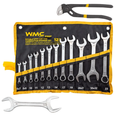 Набор комбинированных 10-22 мм и рожковых ключей 6х7, 8х9, 24х27, 30х32, 36х41 мм, пассатижи, 14 пр WMC TOOLS WMC-5198P+2