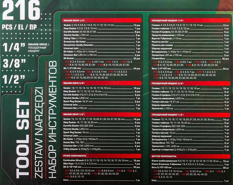 Набор инструментов 216 пр. 1/4"&3/8"&1/2", 6-гр. RockForce RF LIGHT-38841