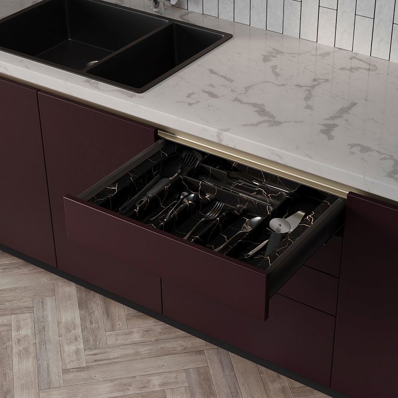 Лоток для столовых приборов 900 MARBLE 830*485, черно-золотой мрамор AKS 125454