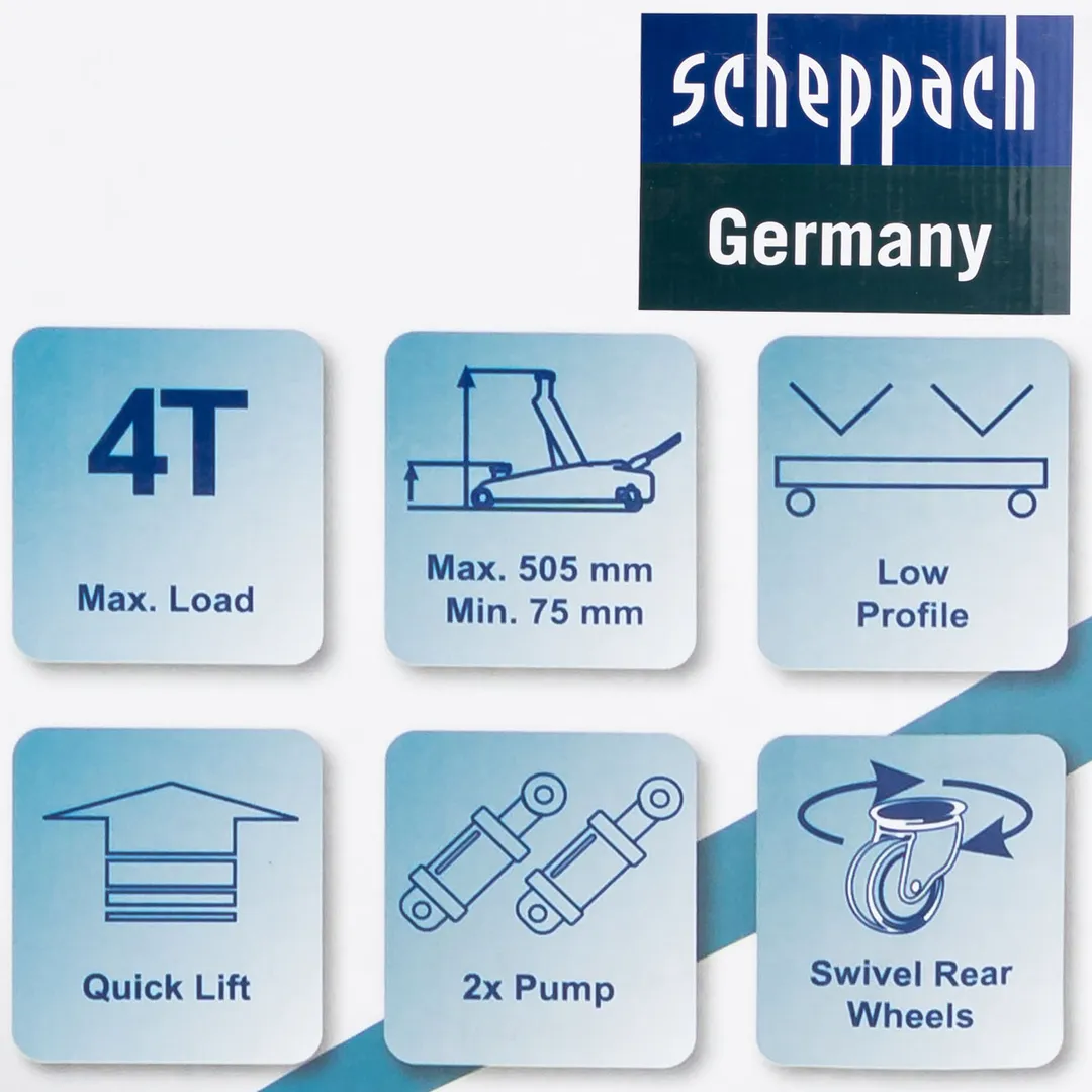 Домкрат подкатной гидравлический 4 т, 75-505 мм, низкопрофильный Scheppach Sch-T84008
