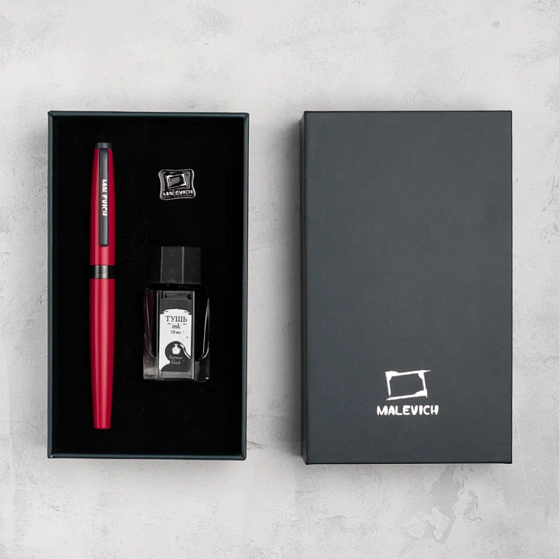 Ручка перьевая EF "Малевичъ", металл, с конвертером, набор чернила + значок, красный
