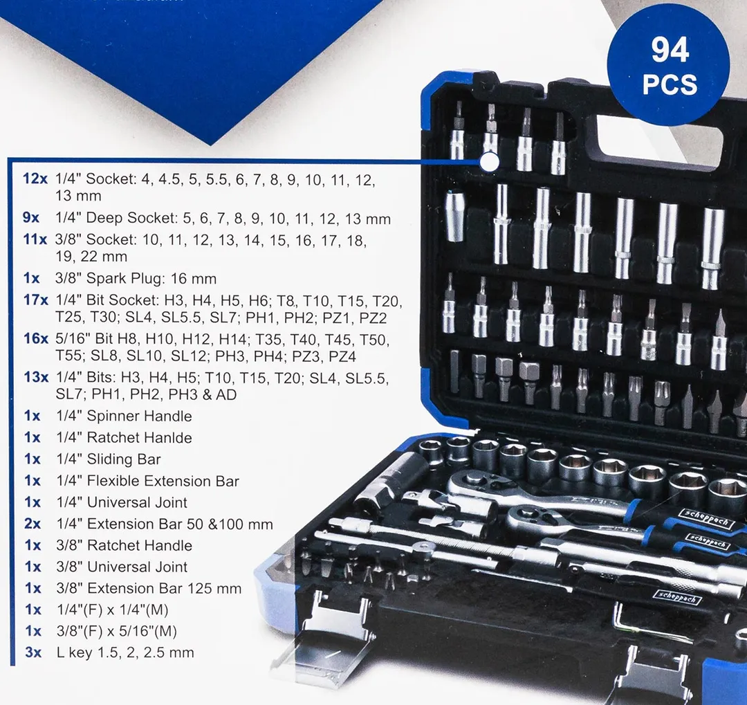 Набор инструментов 1/4''&3/8'', 94 пр. 6-гр Scheppach Sch-4941-5DS