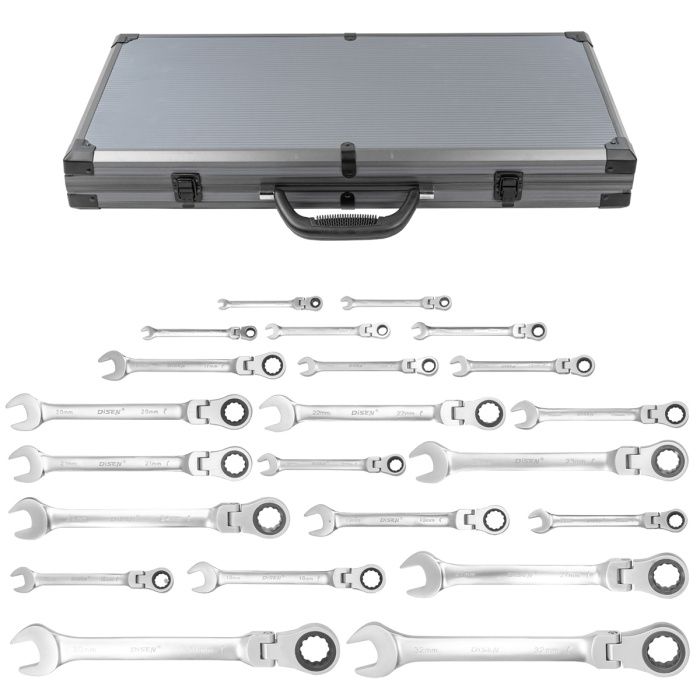 Набор ключей комбинированных трещоточных с шарниром 22 пр., 6-24, 27, 30, 32 мм DISEN DSL1702F