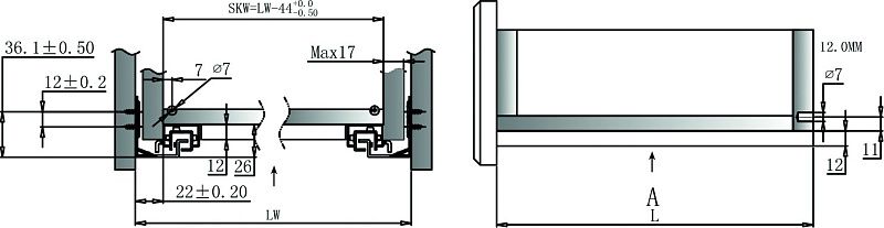 Направляющая скрытого монтажа L-350 с доводчиком ДСП до16mm с замками полное выдвижение GAMET 22273