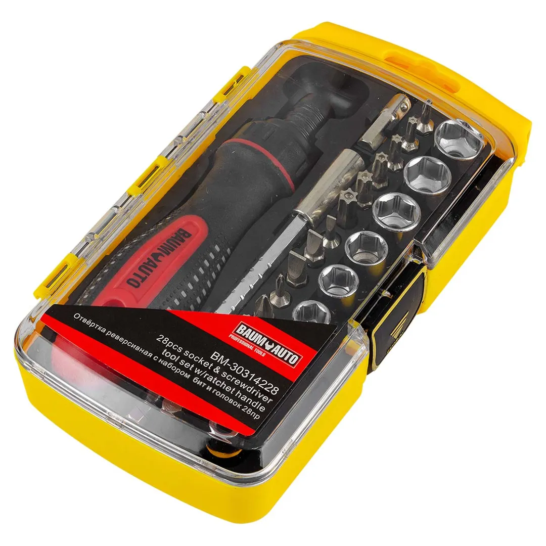 Отвертка реверсивная телескопическая с комплектом бит и головок 28 пр. BaumAuto BM-30314228