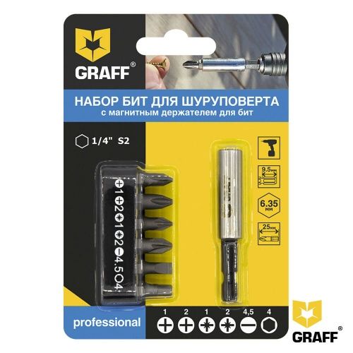 Набор бит PH, PZ, SL, HEX, 1/4'', с магнитным держателем 6 пр. GRAFF 4603