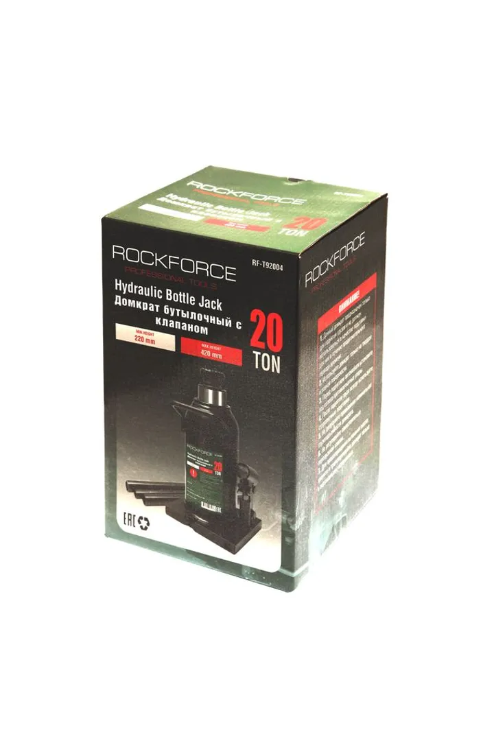 Домкрат бутылочный с клапаном 20 т, 235-445 мм, RockForce RF-T92004(Euro)