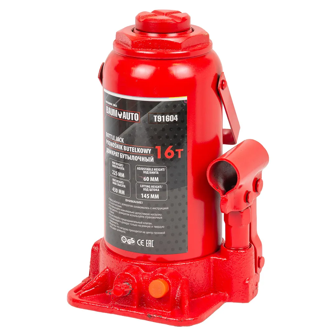 Домкрат бутылочный с клапаном 16 т, 225-430 мм BaumAuto BM-T91604