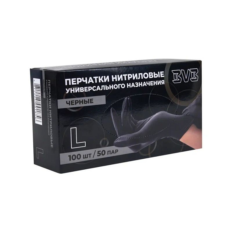 Перчатки нитриловые неопудренные одноразовые  BVB, р-р L, 100 шт/уп., черный