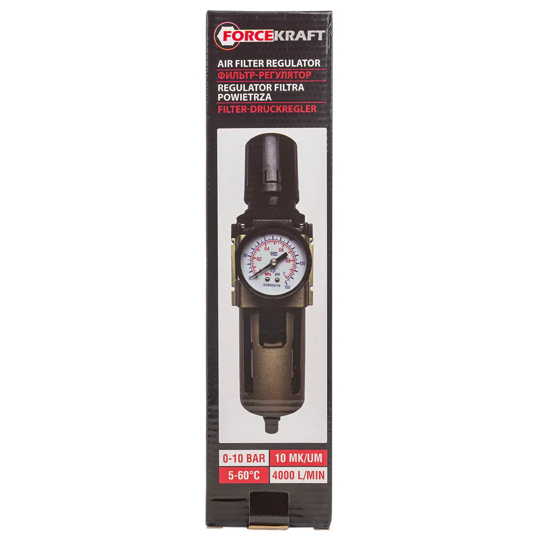Фильтр-регулятор с индикатором давления для пневмосистем 1/2'', 10Мк, 4000 л/мин, 0-10bar,раб. температура 5°-60° ForceKraft FK-AW4000-04