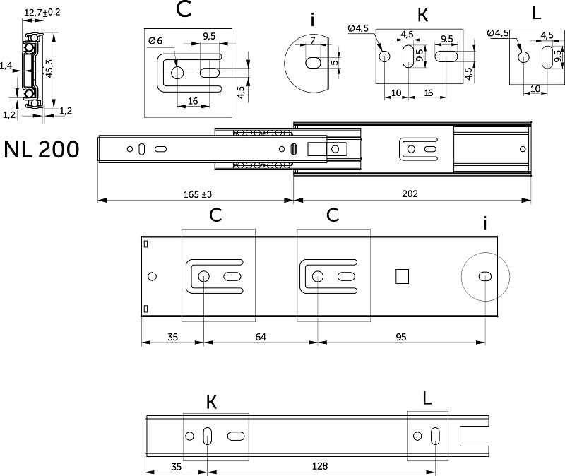 Направляющая шариковая L-200 h45 SOFT CLOSE A черный PRIME by AKS 122924