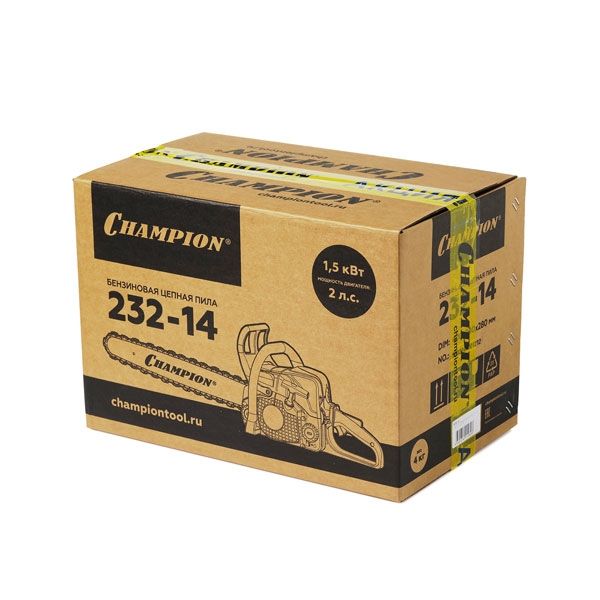Бензиновая цепная пила, 1,5 кВт, 31,8 см3, 14"-3/8-1,3-50E + подарок: масло для цепи 1л; свеча; цепь; масло для 2-тактных двигателей 0,1л. CHAMPION A232-14