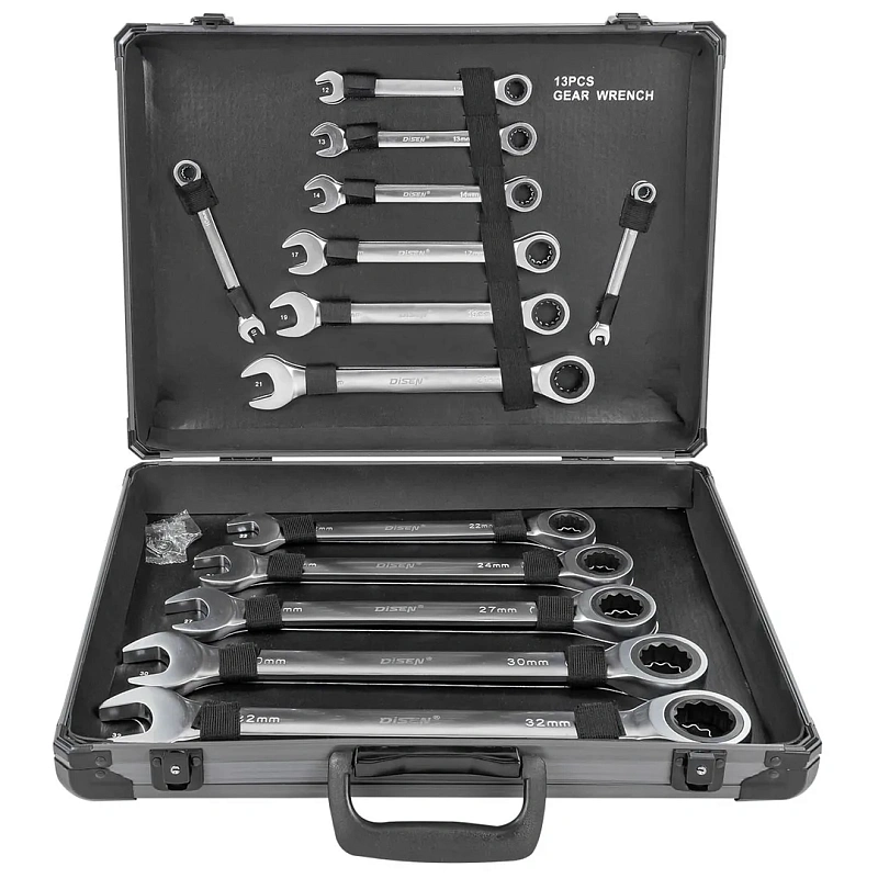 Набор ключей комбинированных трещоточных с шарниром 13 пр., 8-32 мм DISEN DSL1701