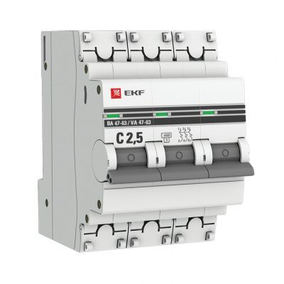 Автоматический выключатель 3P 2,5А (C) 4,5kA ВА 47-63 EKF PROxima mcb4763-3-2.5C-pro