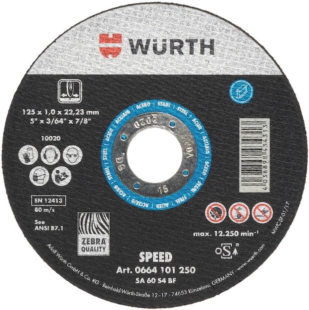 Круг отрезн. d 125х1,0 мм,прям., SPEED,сталь WÜRTH 0664101250