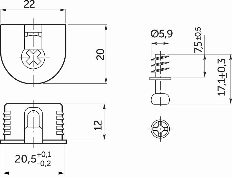 Эксцентриковая стяжка быстрого монтажа 20 мм металлический корпус + шток 6*8мм, уп./50 шт., AKS 121699