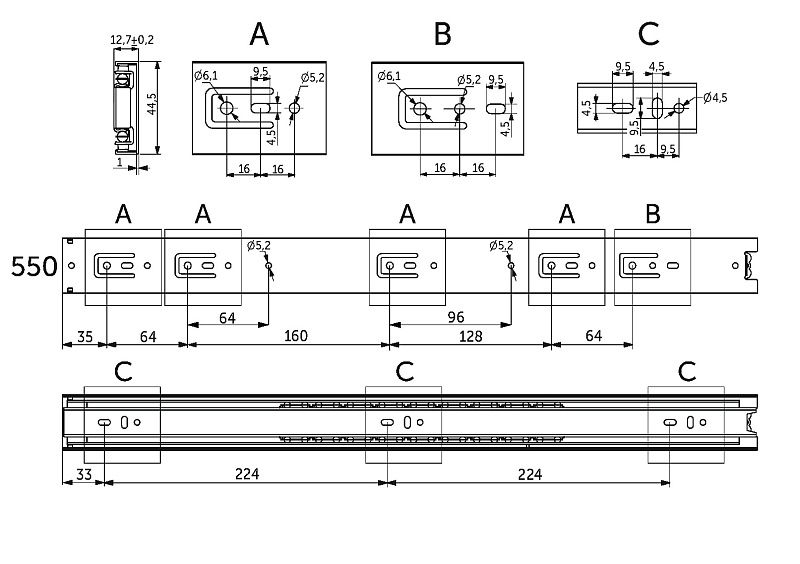 Направляющая шариковая L-550 h45 A черный PRIME by AKS 122750