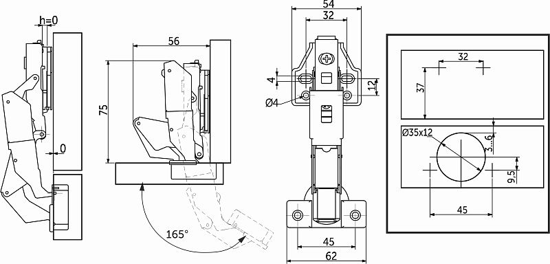 Петля 165° накладная с доводчиком 48мм h2 clip-on 0-е вхождение винтовая регулировка, упак 2 компл., AKS 116662