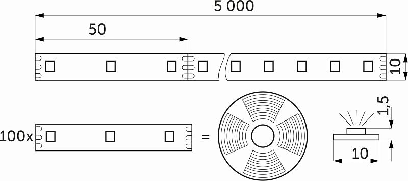 Лента светодиодная RGB SPI, "Бегущий огонь", 10W/m, 12V, 10мм, 5050, 60 д/м, IP20, цветная 5м, AKS 115348