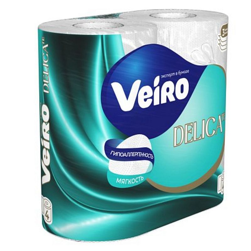 Бумага туалетная Veiro Delicate, 4 рулона, 3 слоя, белый