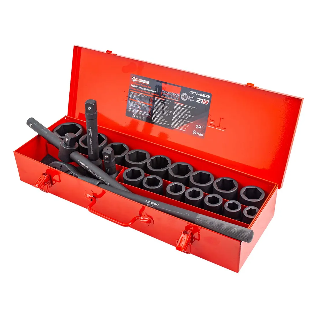 Набор инструментов ударных 21 пр, 3/4", 38-50 мм 6-гр., 17-36 мм 12-гр. ForceKraft FK-6212-5MPB