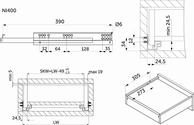 Направляющая скрытого монтажа L-400 с доводчиком ДСП до19mm насадной монтаж 3/4 с фиксаторами AKS 118581