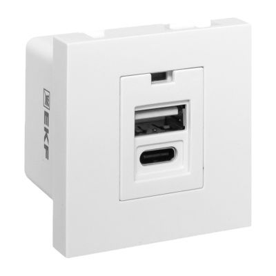 Розетка USB A+C, 2,1А, 2 гнезда, без индикатора, белая EKF E2MR2-21USB-10-AC
