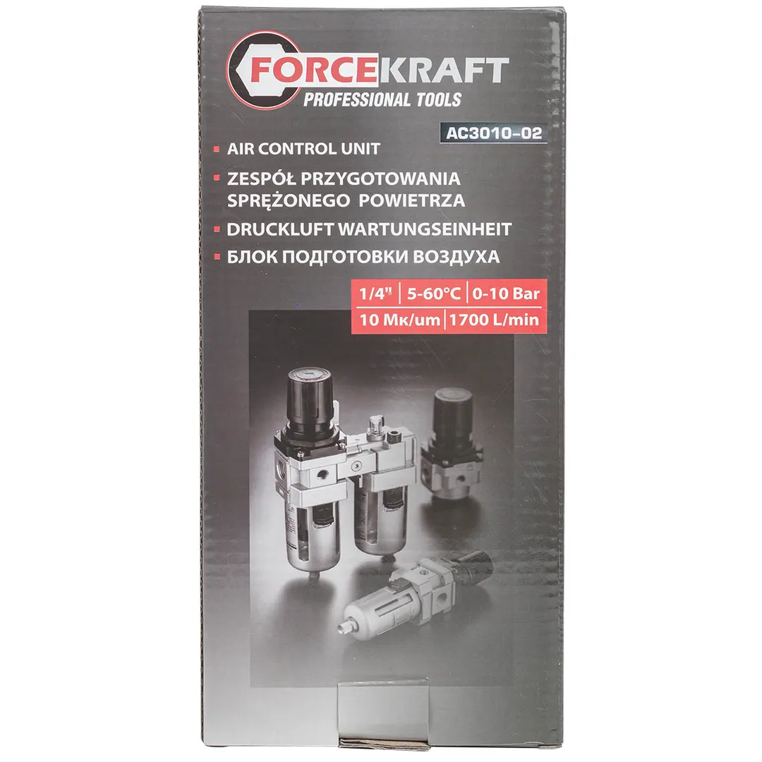 Блок подготовки воздуха 1/4'', фильтр-регулятор и лубрикатор, 10Мк, 1700 л/мин, 0-10bar ForceKraft FK-AC3010-02