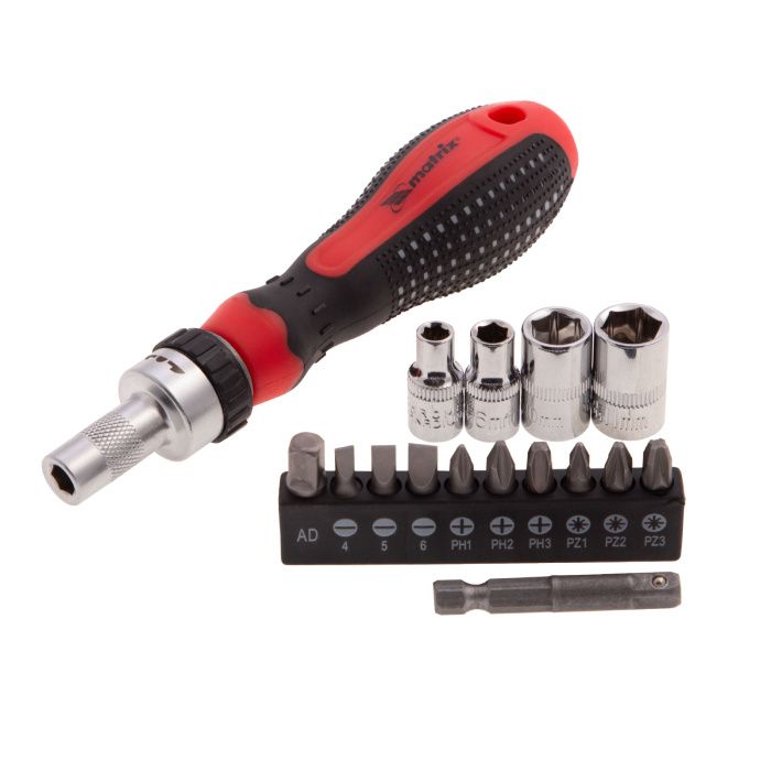 Отвертка реверсивная с набором бит торцевыми головками 1/4'' 16 пр. Matrix 11332