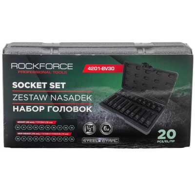 Набор ударных коротких и глубоких головок 10-19 мм 1/2'' 6-гр 20 пр RockForce RF-4201-BV30