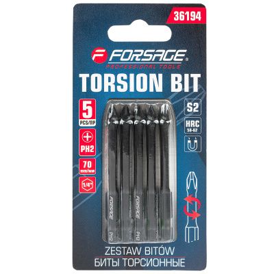 Набор торсионных бит PH2 1/4" 5 пр. 70 мм Forsage F-36194