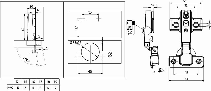 Петля накладная с пружиной 45мм h0 slide-on 60г, саморезы, заглушки, AKS 117033