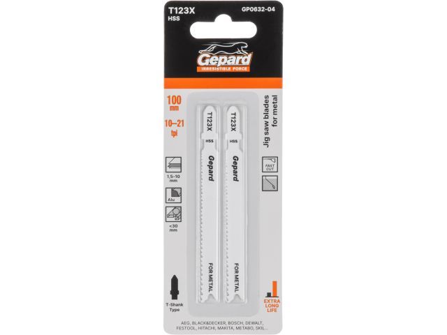 Пилка лобз. по металлу T123X, 2 шт., пропил прямой, тонкий, быстрый рез GEPARD GP0632-04