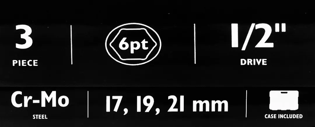 Набор ударных глубоких тонкостенных головок 17, 19, 21 мм в защитном кожухе 3 пр 1/2'' 6-гр JCB JCB-4035