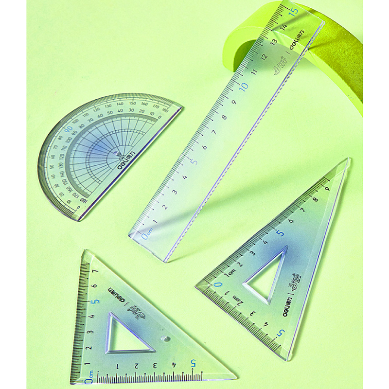 Набор чертежный "Deli VC158": линейка 15 см, треугольник 45 и 60 гр, транспортир 180 гр, ассорти