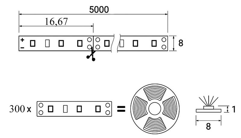 Лента светодиодная 14,4W/m, 12V, 8мм, 2835, 180 д/м, IP20, теплый белый, 3000K, CRI>80, 1600 Lm, 5м, AKS 125181