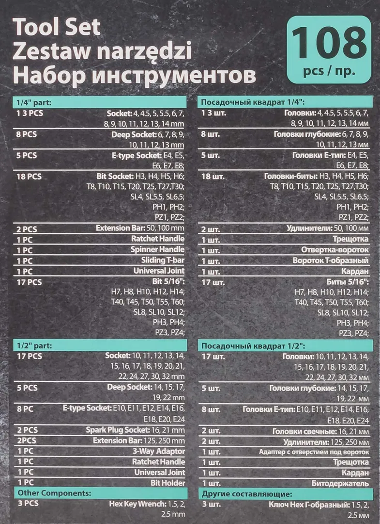Набор инструментов PROFI 108 пр. 1/4''&1/2'' 6-гр, 3 к-та MAMEDFORCE MF-41082-5 3 K-T