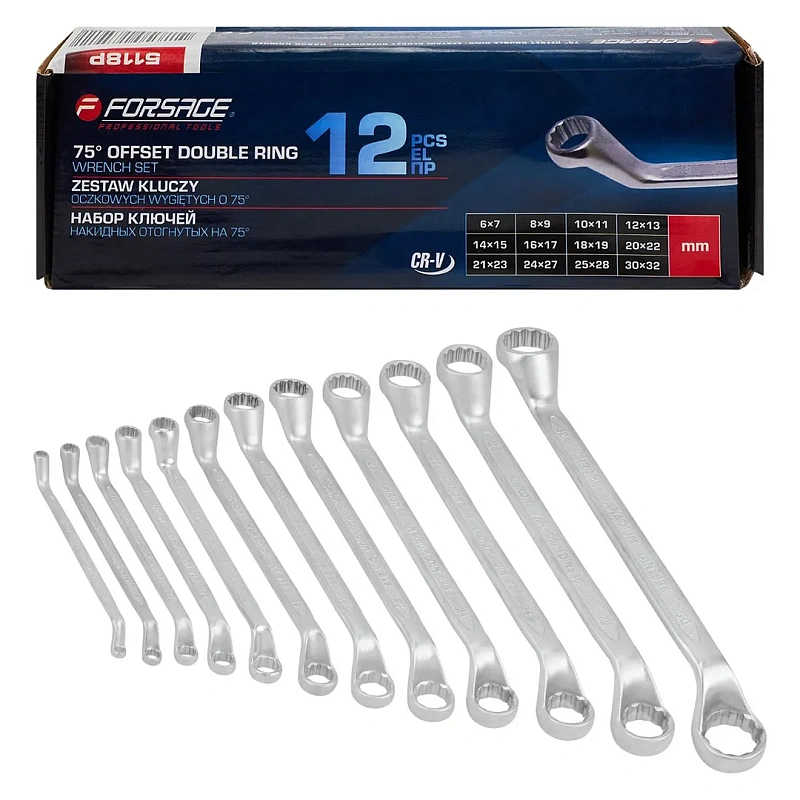 Набор ключей накидных, отогнутых на 75 град 12 пр 6х7-30х32 мм Forsage F-5118P
