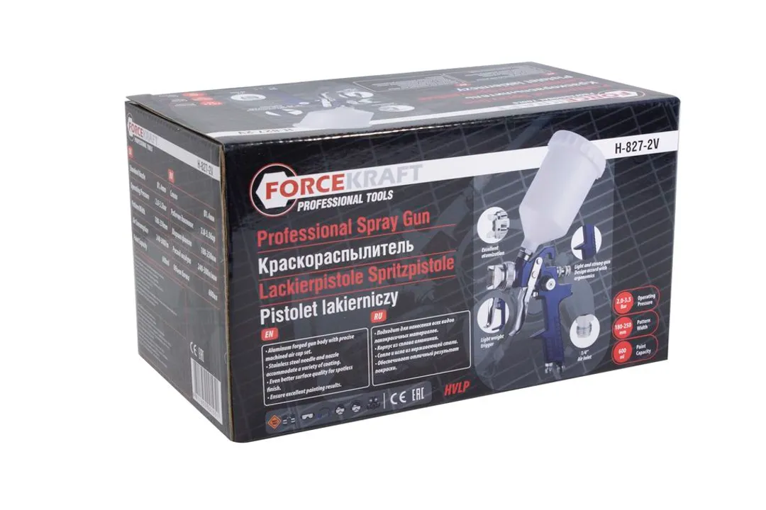 Краскораспылитель с верхним пластиковым бачком, 600 мл, 1.4 мм, 2.0-3.5Bar, 240-300 л/мин ForceKraft FK-H-827-2V