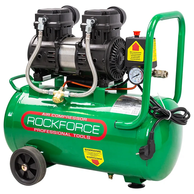 Компрессор поршневой с прямым приводом, 2 цилиндра, безмасляный, ресивер 24 л, 1.1 кВт, 8 бар, 210 л/м, 230В RockForce RF-BM20/24 OIL FREE