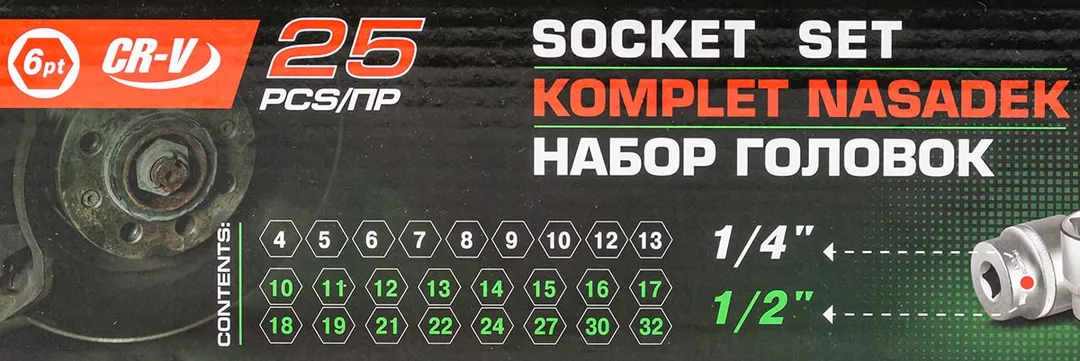 Набор головок 1/4''&1/2'', 25 пр., 6-гр. 4-32 мм RockForce RF-50121G