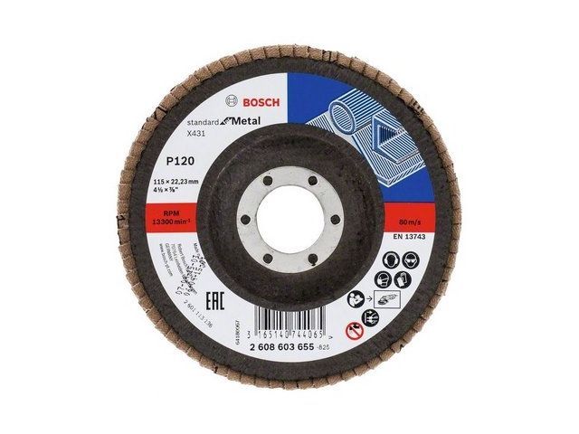 Круг лепестковый 115х22.2 мм K120 конический STANDARD FOR METAL Bosch 2608603655