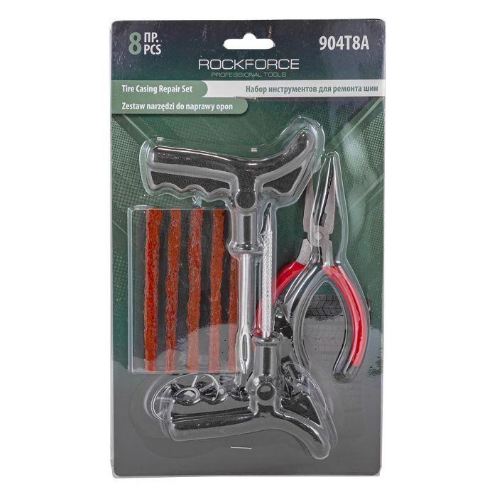 Набор инструментов для ремонта шин 8 пр., шило, протяжка, шнуры-5 шт, утконосы, RockForce RF-904T8A