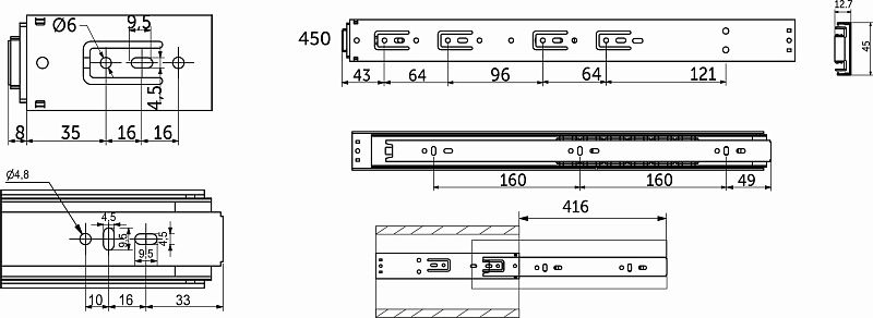 Направляющая шариковая L-450 h45 PUSH TO OPEN A PRIME by AKS 114791