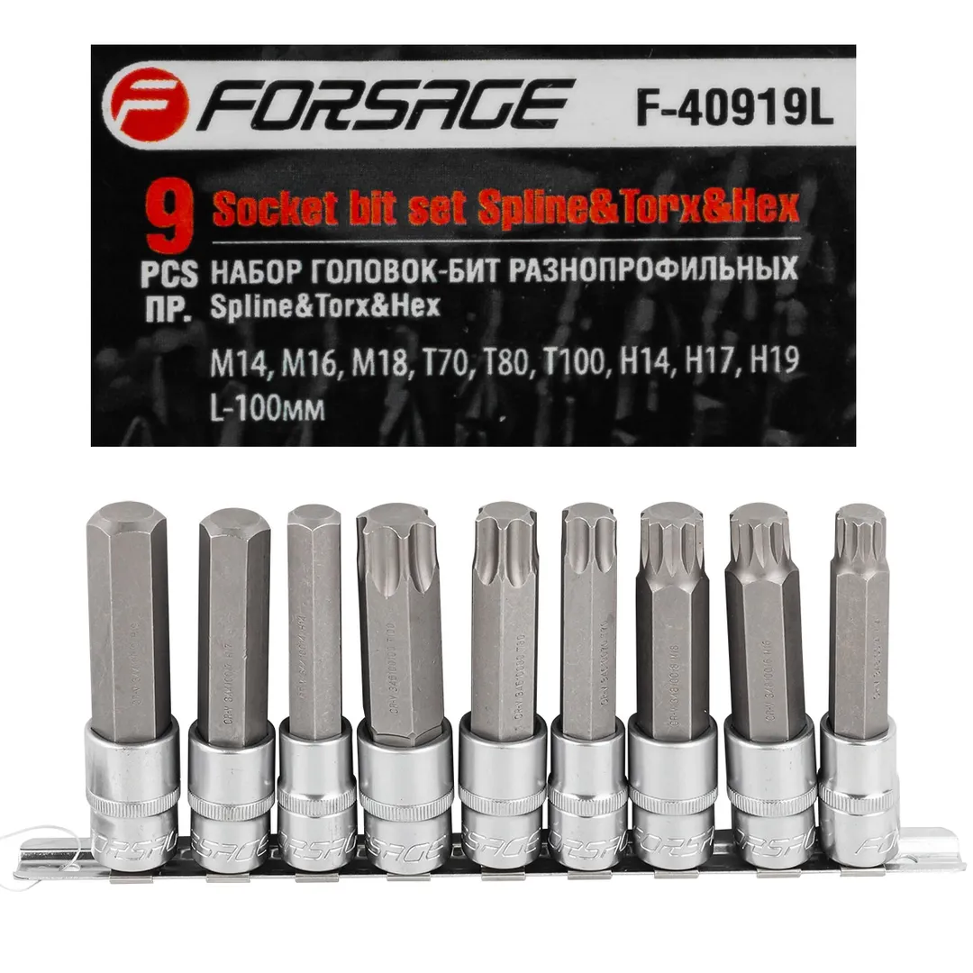 Набор головок-бит Spline, Torx, HEX 1/2'' 9 пр. Forsage F-40919L