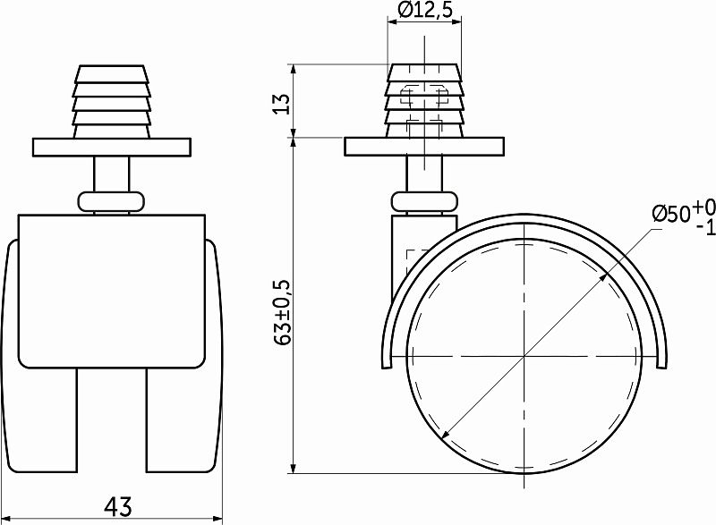 Колесо меб. пласт. d50 со штоком и втулкой, черный тип2 AKS 25176